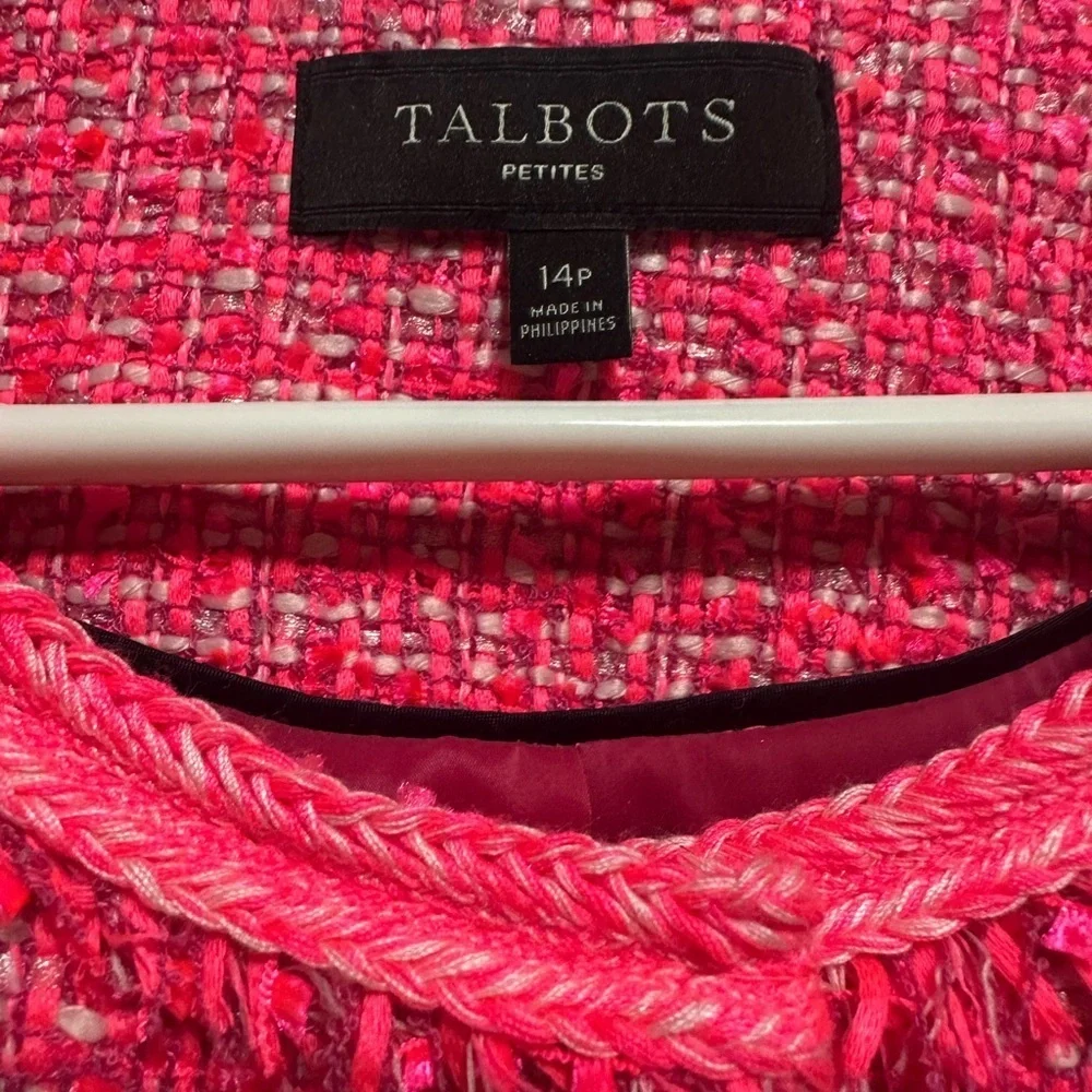 Talbots TWEED PEPLUM JACKET Blazer Hot Pink Sz 14P Fringe - Picture 3 of 4